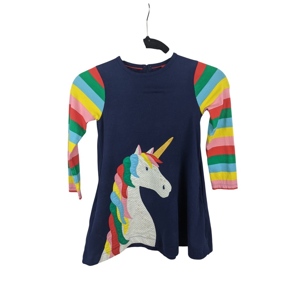 Mini Boden Girls Navy Unicorn Rainbow Striped Sleeve Jersey Dress 5-6Y 116cm